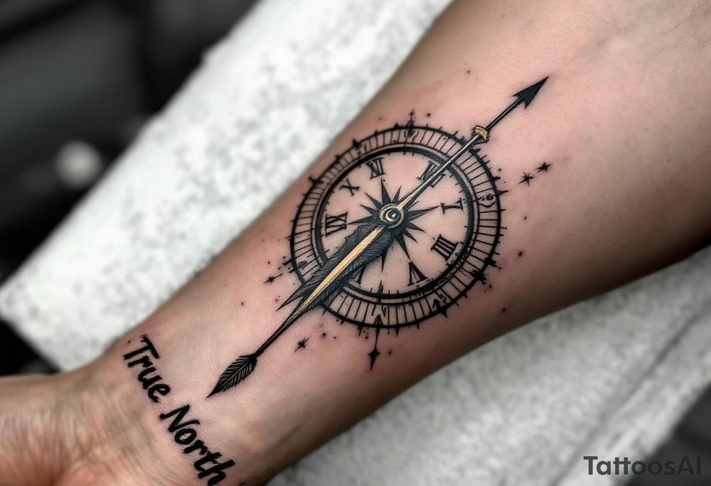Rustic half compass half clock with and long native American arrow pointing at my wrist with the words “True North” tattoo idea