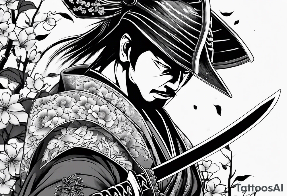 Ronin with samurai sword in blood, for a forearm
Should contains sakura leaves 
The tatoo should show i have dedication, respect and inner strength, and I try to become better everyday tattoo idea