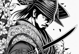 Ronin with samurai sword in blood, for a forearm
Should contains sakura leaves 
The tatoo should show i have dedication, respect and inner strength, and I try to become better everyday tattoo idea