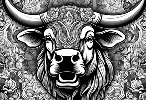 Evil looking Large bull with horns busting through crowd of people tattoo idea