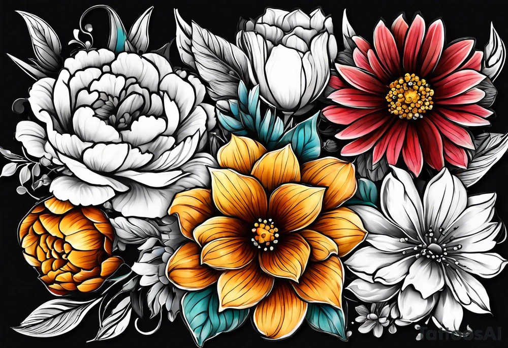 Small tattoo flower bunch using July flower, November flower, May flower, May flower, August flower and February flower tattoo idea