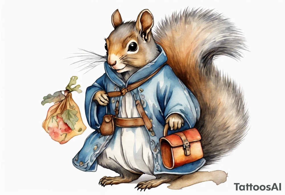 medieval grey squirrel in dress carrying a large satchel tattoo idea