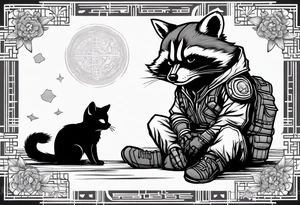 Rocket raccoon sitting with a small black  house cat tattoo idea