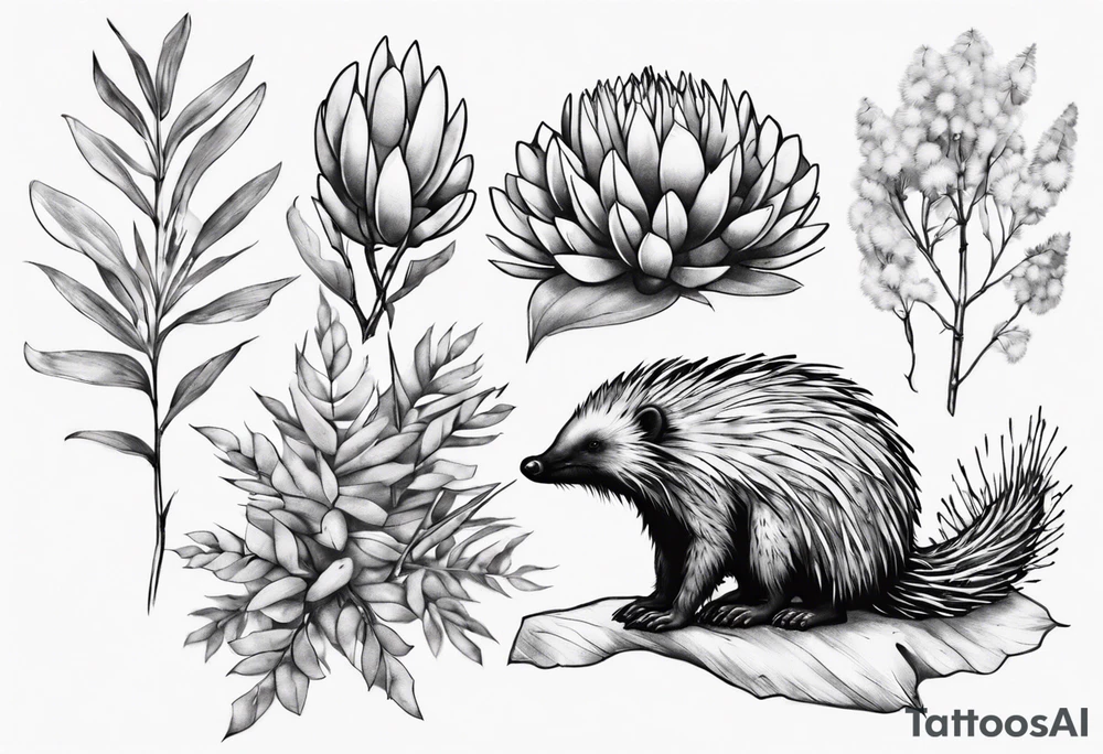 Echidna sitting on wattle and eucalyptus leaves tattoo idea