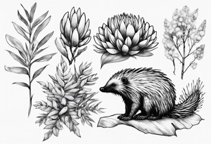Echidna sitting on wattle and eucalyptus leaves tattoo idea