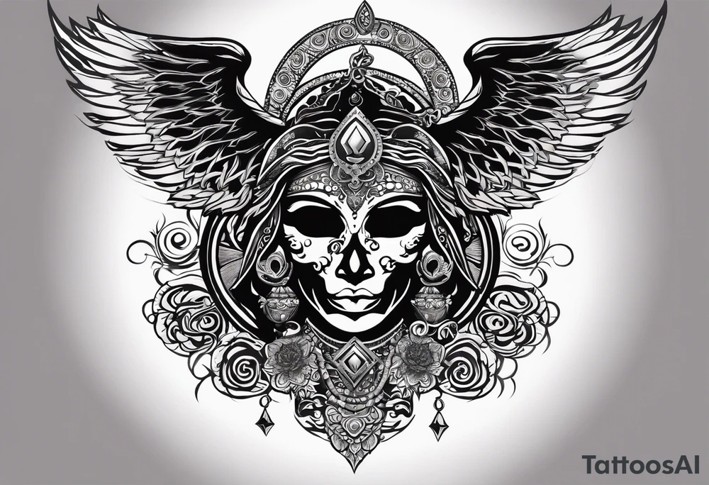 black kali, goddess pirate, alien, angel, pachamama, valkrye, warrior, flying, skull, lotus azul, wing, eagle, zenza resonance, stars, 5D, anahata chakra, death, durga, riding on a tiger, flying lady tattoo idea