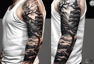 Full arm sleeve, tree going up to shoulder dead tree going down to wrist, wrapped in a serpent moving down with mountain, water elements tattoo idea