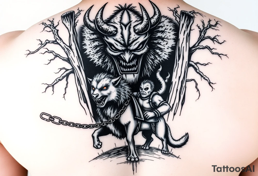 A demonic giant as tall as the trees he coming out of and on the end of the chain he is holding with the most dangerous animal aswell as a strange creature on a saddle held as slaves of the gian whom has firery eyes tattoo idea