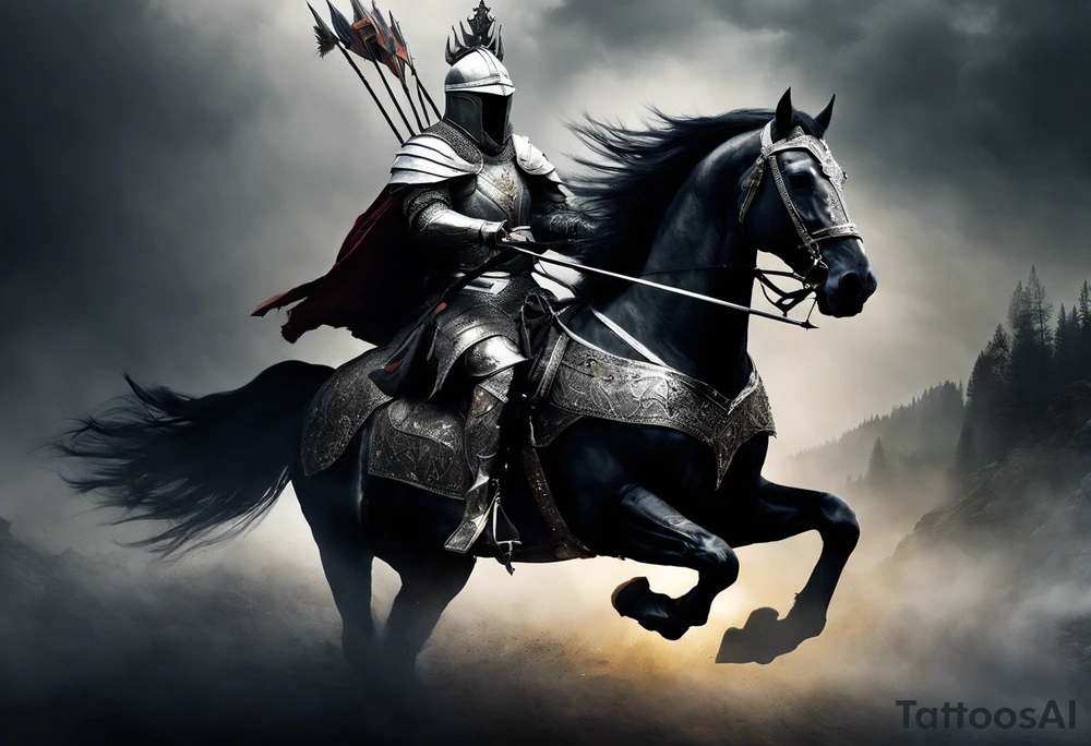 Dark art of the first horseman of the apocalypse. Wearing iron armor with a crown-shaped helmet, carrying a bow and arrows on the right hand, he rides a white horse that is strong and slender, wearing shiny ornaments on his face. It is not possible to see the face of the horseman, who is obscured by the darkness and fog of the image. It is important that the horseman is facing the image and that the image shows the entire body of both the horse and the rider. tattoo idea