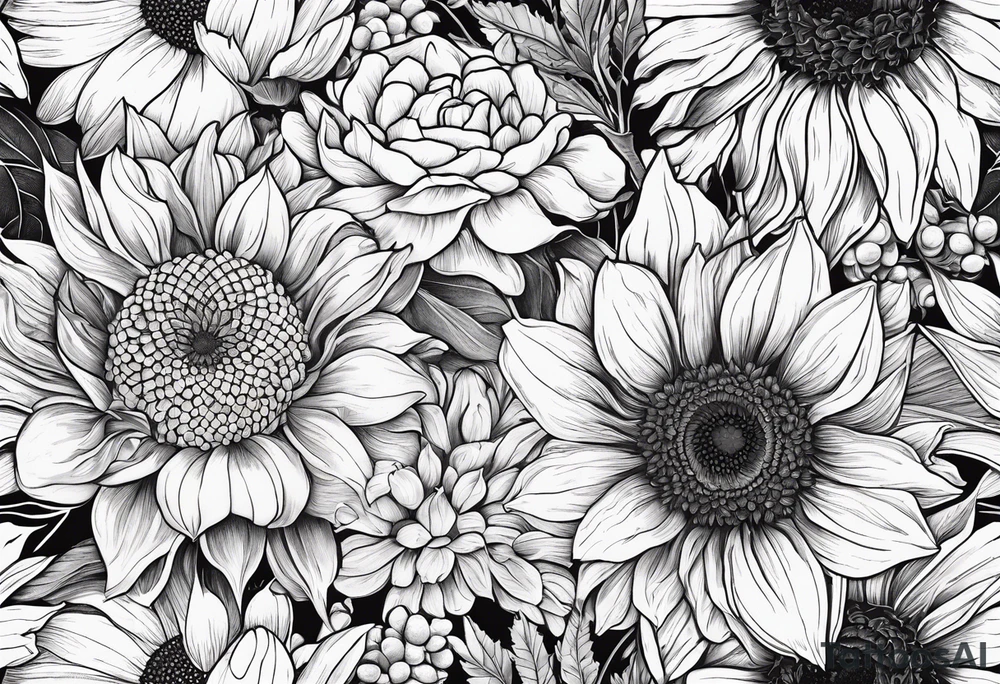 Sunflower daffodil, daisy, rose, Adler, chrysanthemum, holly Birth flower tattoo idea