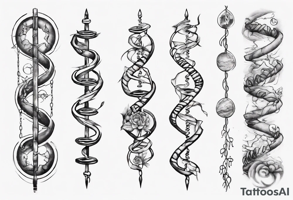 Create a tattoo sketch that visually represents my life journey and the evolution of mindfulness. Consider life as a DNA chain, where each link symbolizes key moments of my development and consciousness. Allow the images to change and transform, reflecting the evolution of my perception and self-understanding over time tattoo idea