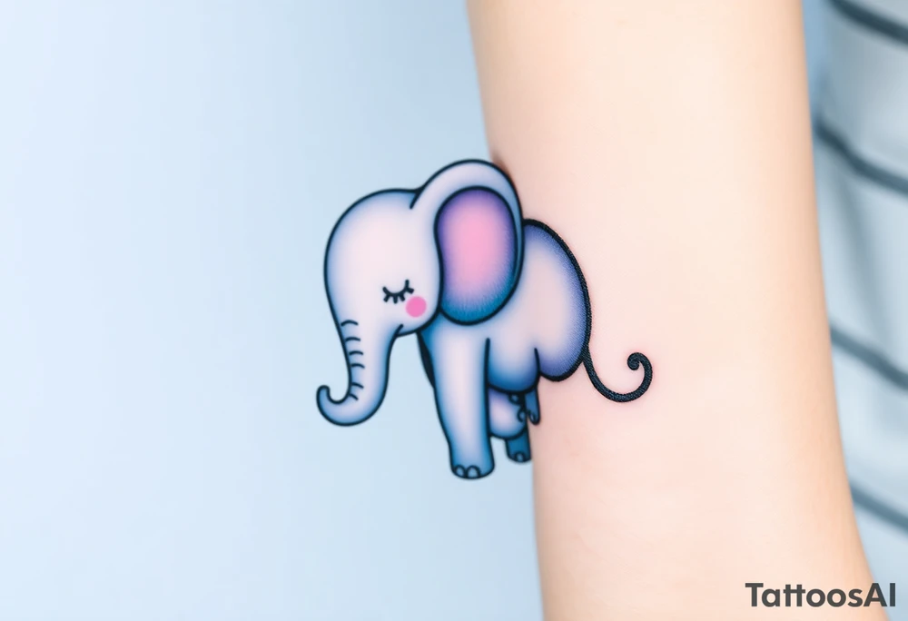 A mother elephant  with her baby holding her tail, with soft blues and purples representing wisdom and protection. tattoo idea