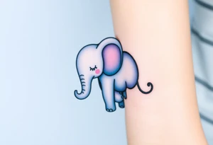 A mother elephant  with her baby holding her tail, with soft blues and purples representing wisdom and protection. tattoo idea