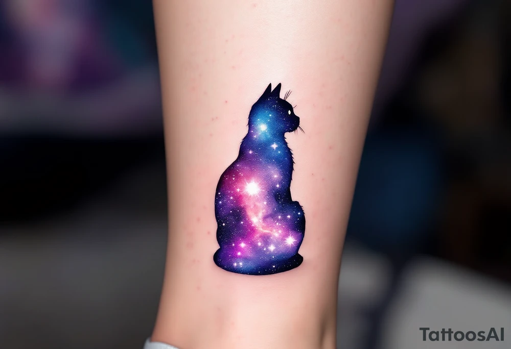 Galaxy Cat Silhouette – A sitting cat silhouette filled with deep purples, navy blues, and specks of white, creating a starry galaxy effect. tattoo idea