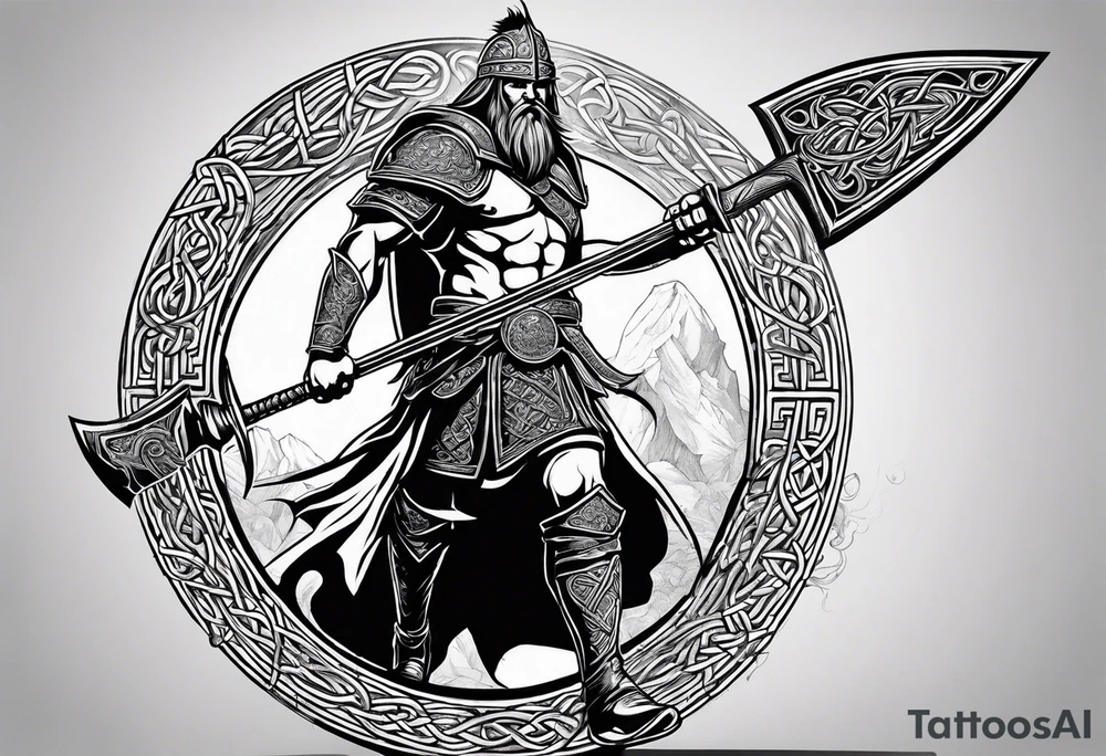 Full body side profile of
Celtic warrior with an axe in one hand and a sword in the other walking into battle tattoo idea