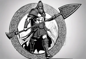 Full body side profile of
Celtic warrior with an axe in one hand and a sword in the other walking into battle tattoo idea