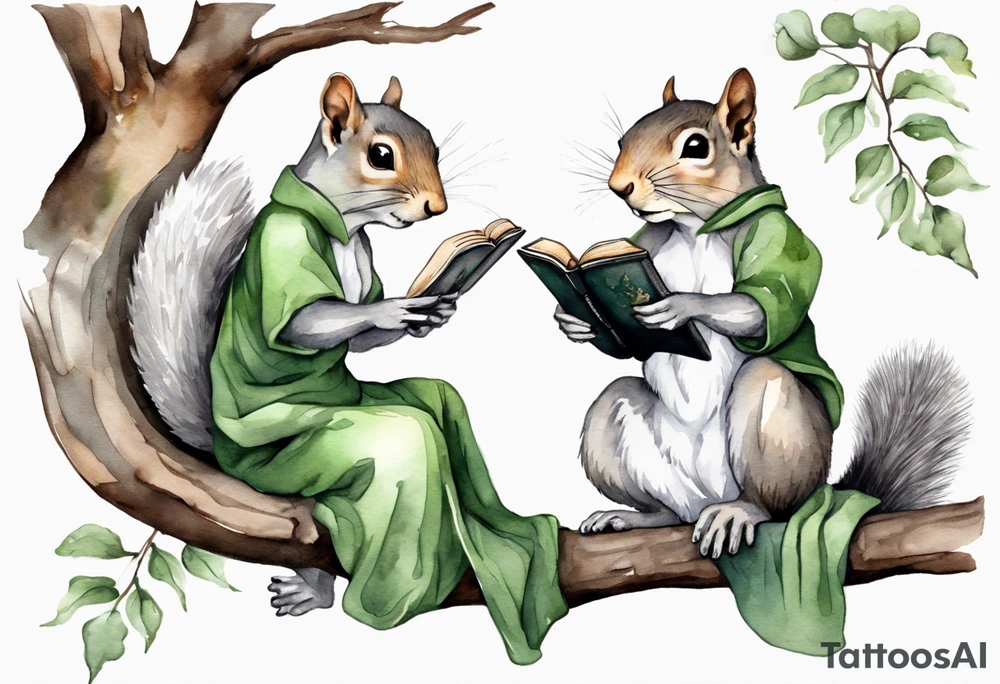 a female grey squirrel dressed in a grey and green tunic sitting on a tree branch reading an ancient tome tattoo idea