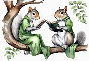 a female grey squirrel dressed in a grey and green tunic sitting on a tree branch reading an ancient tome tattoo idea