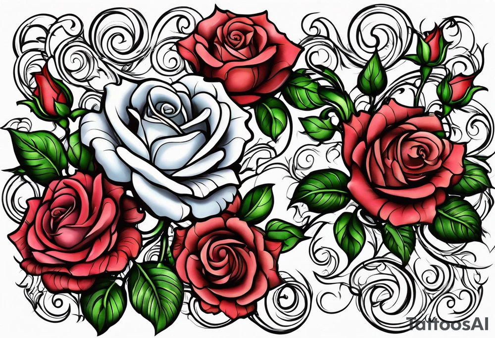 long vine flower sleeve with roses and rodadendra tattoo idea