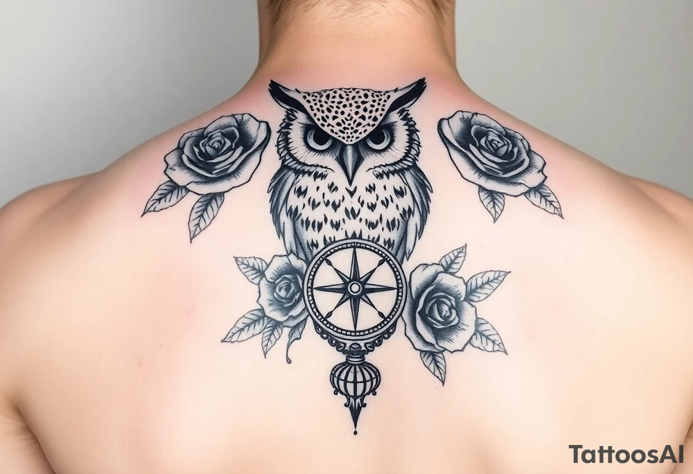 an owl,roses,compass. tattoo idea