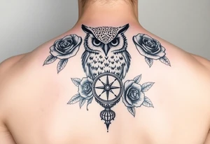 an owl,roses,compass. tattoo idea