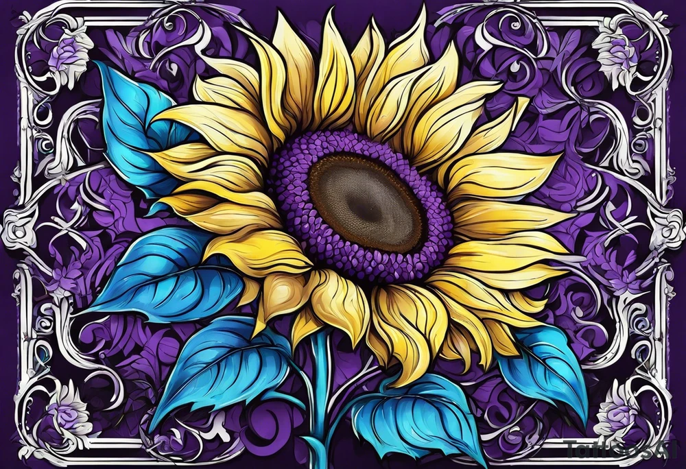 Purple, yellow and blue sunflowers with a cross tattoo idea