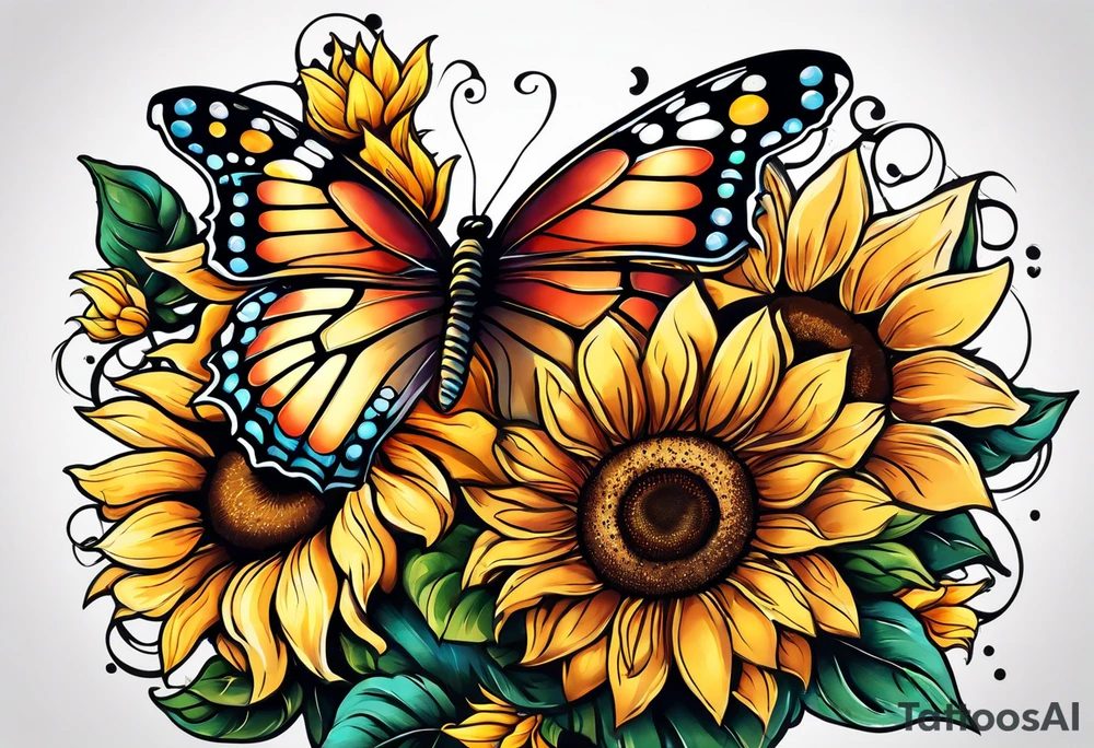 Sleeve with butterflies and sunflowers tattoo idea
