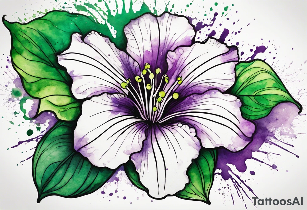 An outline of a green rio dipladenia flower and a green and purple watercolor splash in the background tattoo idea