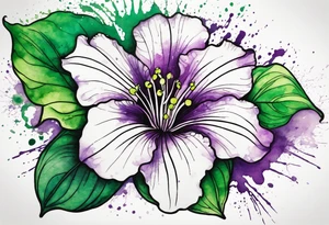 An outline of a green rio dipladenia flower and a green and purple watercolor splash in the background tattoo idea