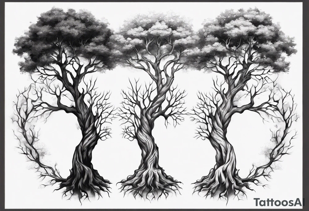 Two trees growing together forearm tattoo idea