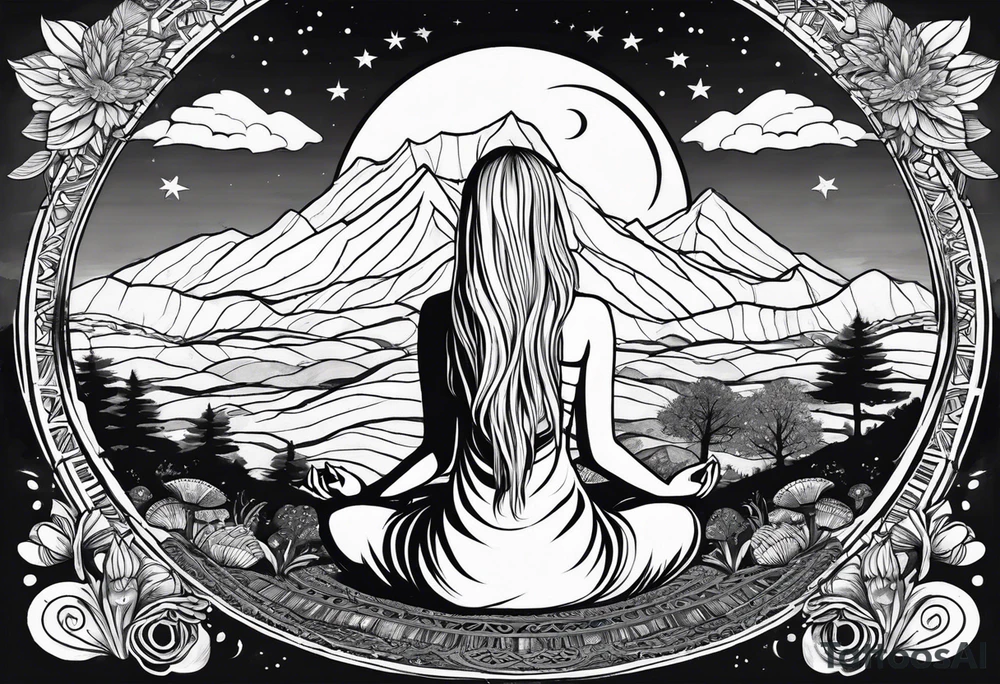 Straight blonde hair girl meditating facing away toward mountains surrounded by mushrooms crescent moon mandala circular design black and white striped dress tattoo idea