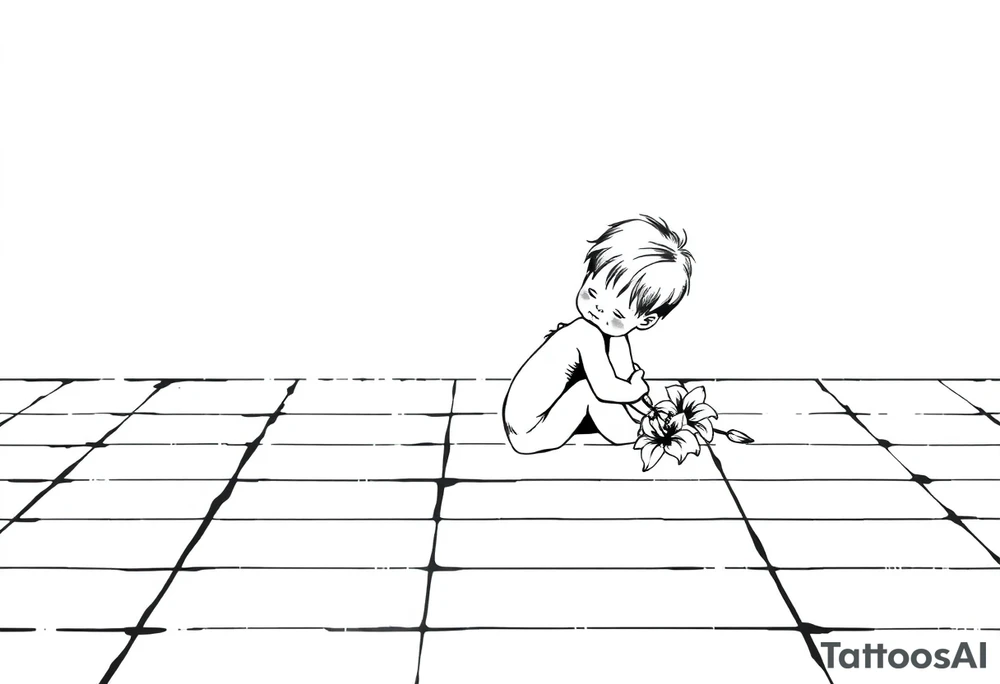 A simple tile floor with a minimalist outline of a curled child sitting on the floor with a lily next to her tattoo idea