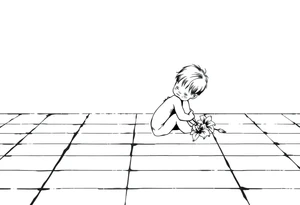 A simple tile floor with a minimalist outline of a curled child sitting on the floor with a lily next to her tattoo idea