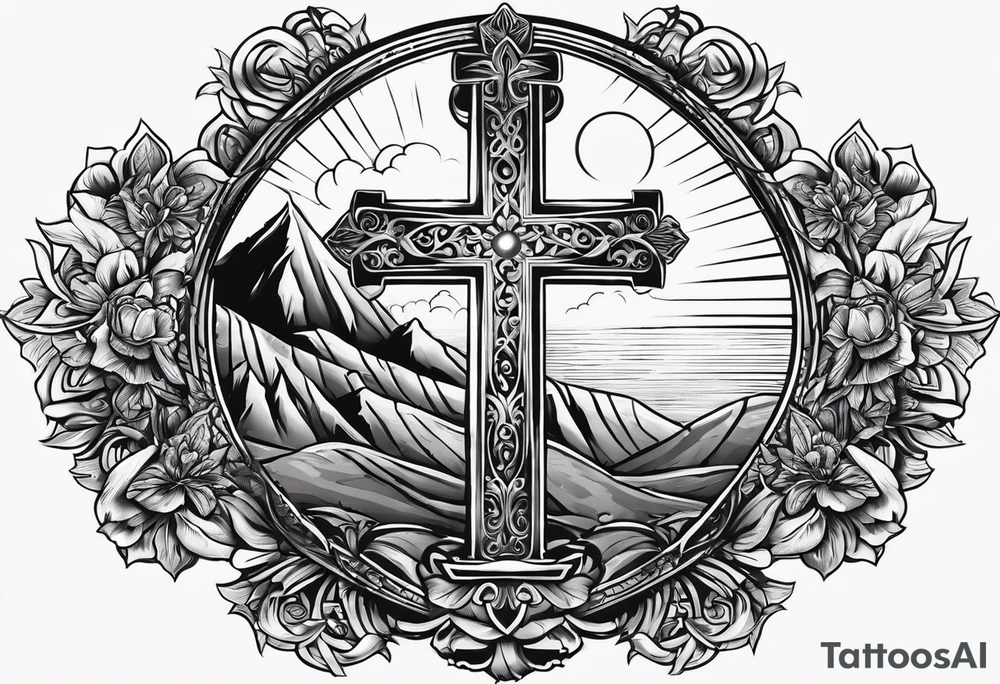 Tomb with cross and sun in the background tattoo idea