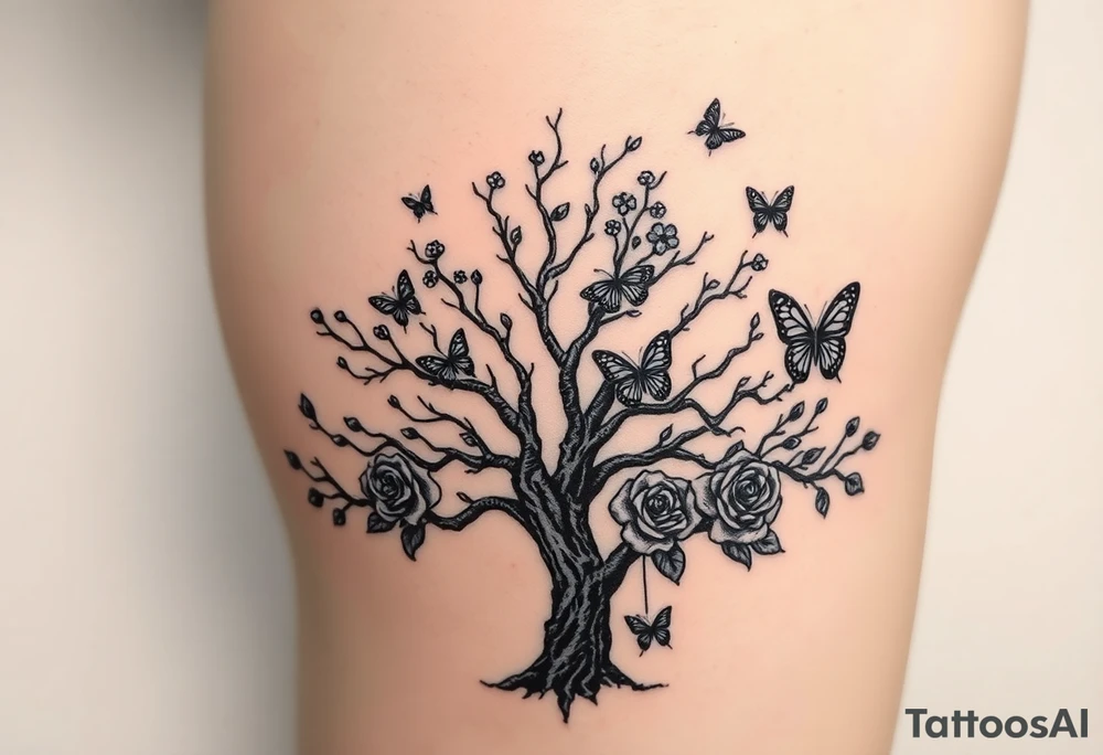 a poisoned tree with butterflies and roses around it and a semicolon somewhere in there on the thigh tattoo idea