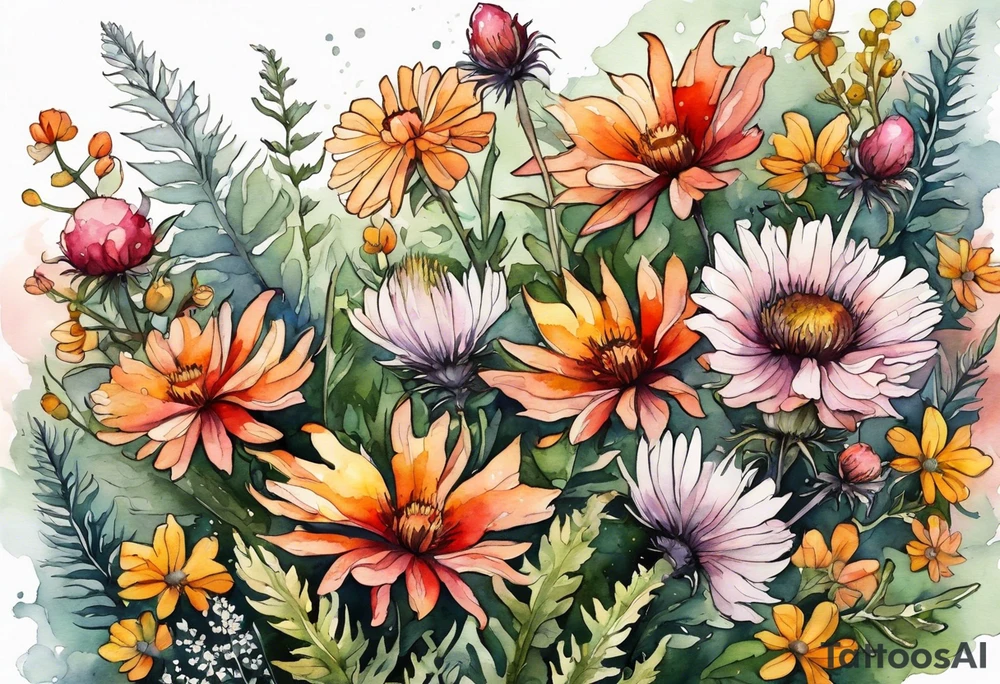 wildflowers with thistles, ferns, burnt orange flower, white flowers, pink flowers, red flowers and yellow flowers all in watercolor tattoo idea