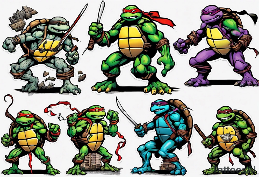 all four teenage mutant ninja turtles fighting enemies in a cityscape tattoo idea