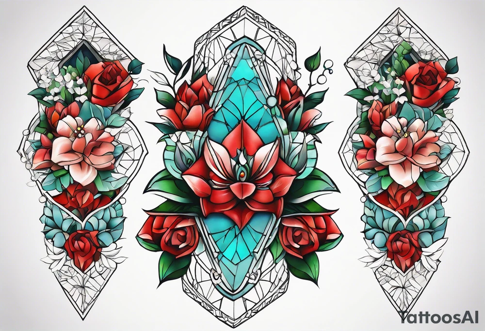 geometric style tattoo on knee with baby blue, red, and green accents. Floral/ocean themed. tattoo idea