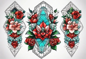 geometric style tattoo on knee with baby blue, red, and green accents. Floral/ocean themed. tattoo idea