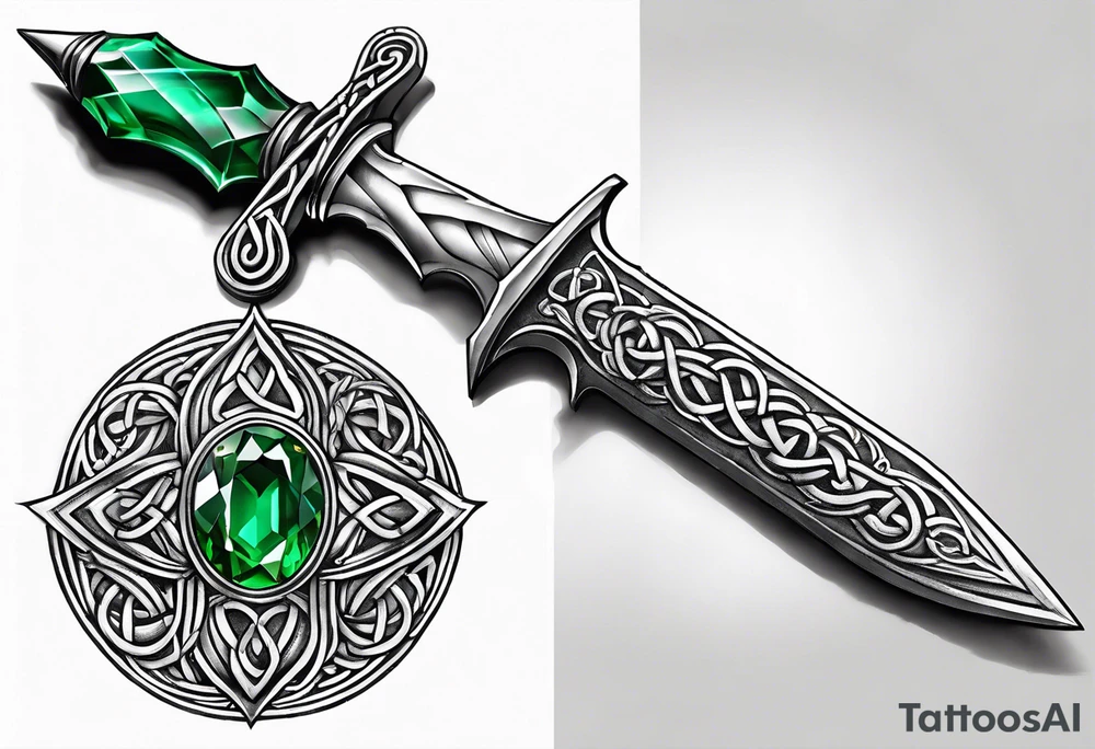 A Celtic athame dagger with the hilt turned upward and an emerald gemstone on the hilt not on the blade tattoo idea