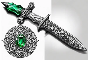 A Celtic athame dagger with the hilt turned upward and an emerald gemstone on the hilt not on the blade tattoo idea