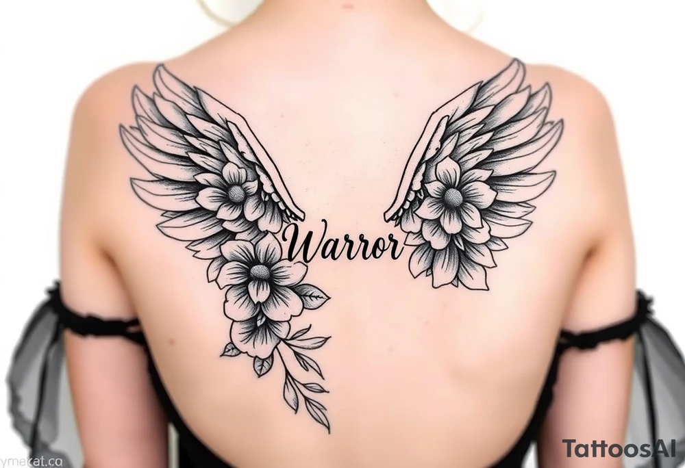 beautiful angel wing with majestic flowers "Warr;or" on forearm tattoo idea