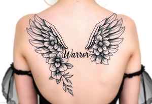 beautiful angel wing with majestic flowers "Warr;or" on forearm tattoo idea