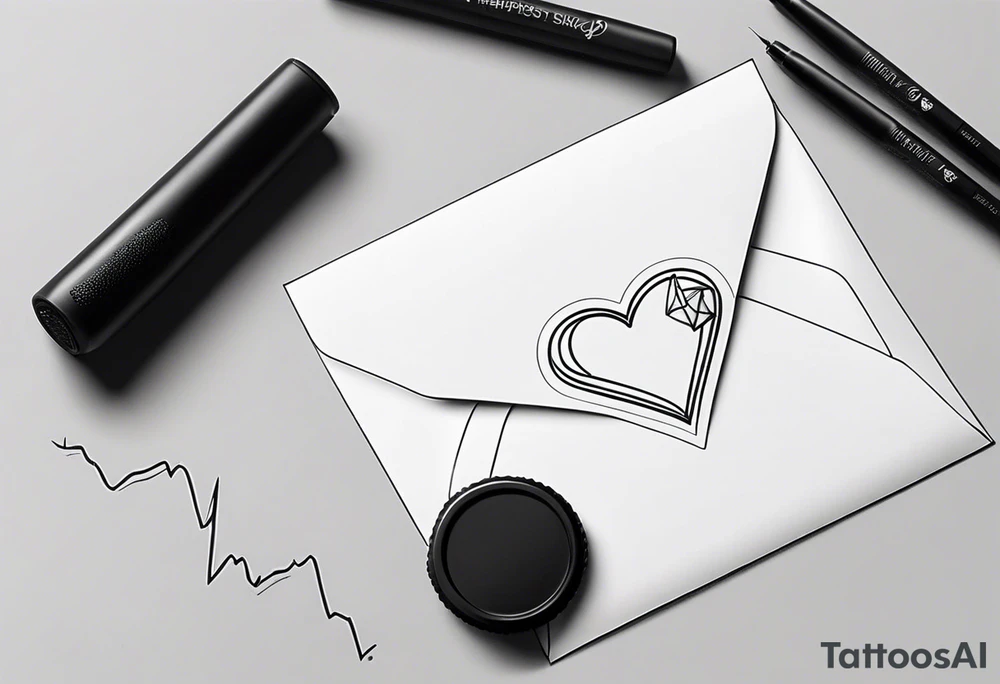 An outline envelope with a heartbeat monitor which represents a living life, and a wax seal that says 'Happiness'. tattoo idea