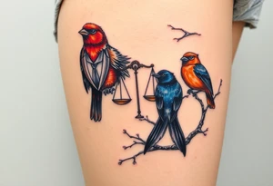 2 birds as the focus, 1 red bird in a suit, 1 navy blue bird with glasses, scales of justice in a tree, starry night painting and mountain background tattoo idea
