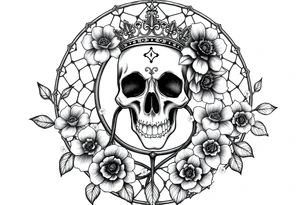 Mandala dream catcher with detailed beautiful gothic boho flowers on vine and skull with gorgeous crown tattoo idea