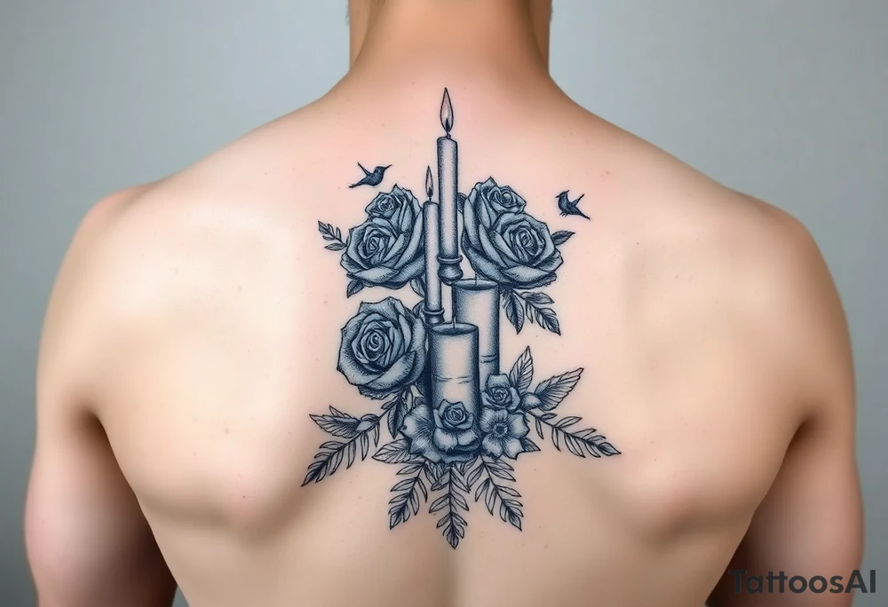 Blue roses and candles, water, birds tattoo idea