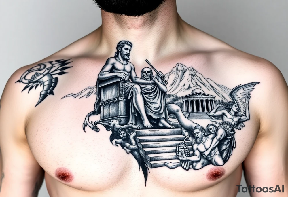 Realism Full chest peice including the Greek gods with zues on his throne looking down from the mountain casting judgement on the people add lighting and Mount Olympus and a temple and a battle scene make zues muscular add hades tattoo idea
