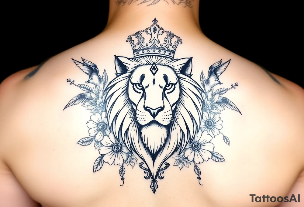 powerful majestic lion with a crown, surrounded by floral ornaments and birds tattoo idea