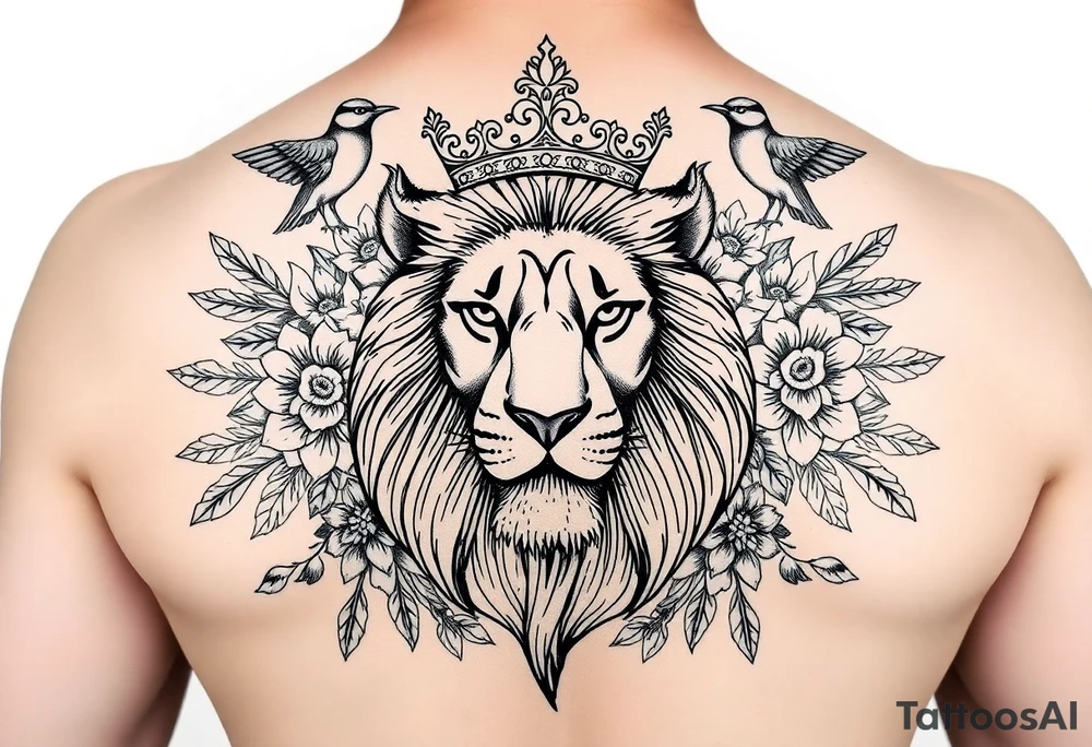 powerful majestic lion with a crown, surrounded by floral ornaments and birds tattoo idea